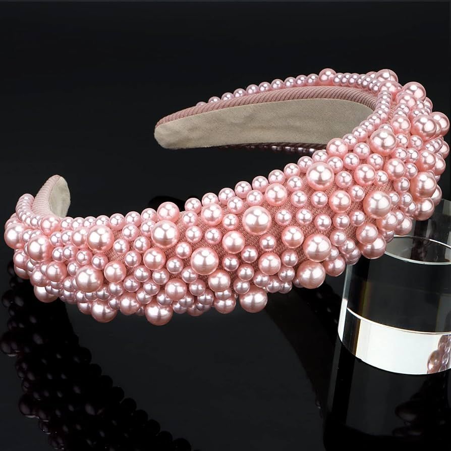 Hapdoo Pink Pearl Headbands for Women Girls, Cute Puffy Padded Headband with Faux Pearl for Weddi... | Amazon (US)