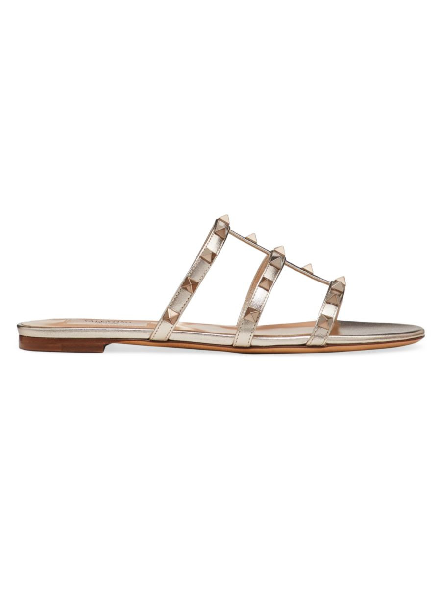 Rockstud Flat Metallic Nappa Slide Sandals | Saks Fifth Avenue