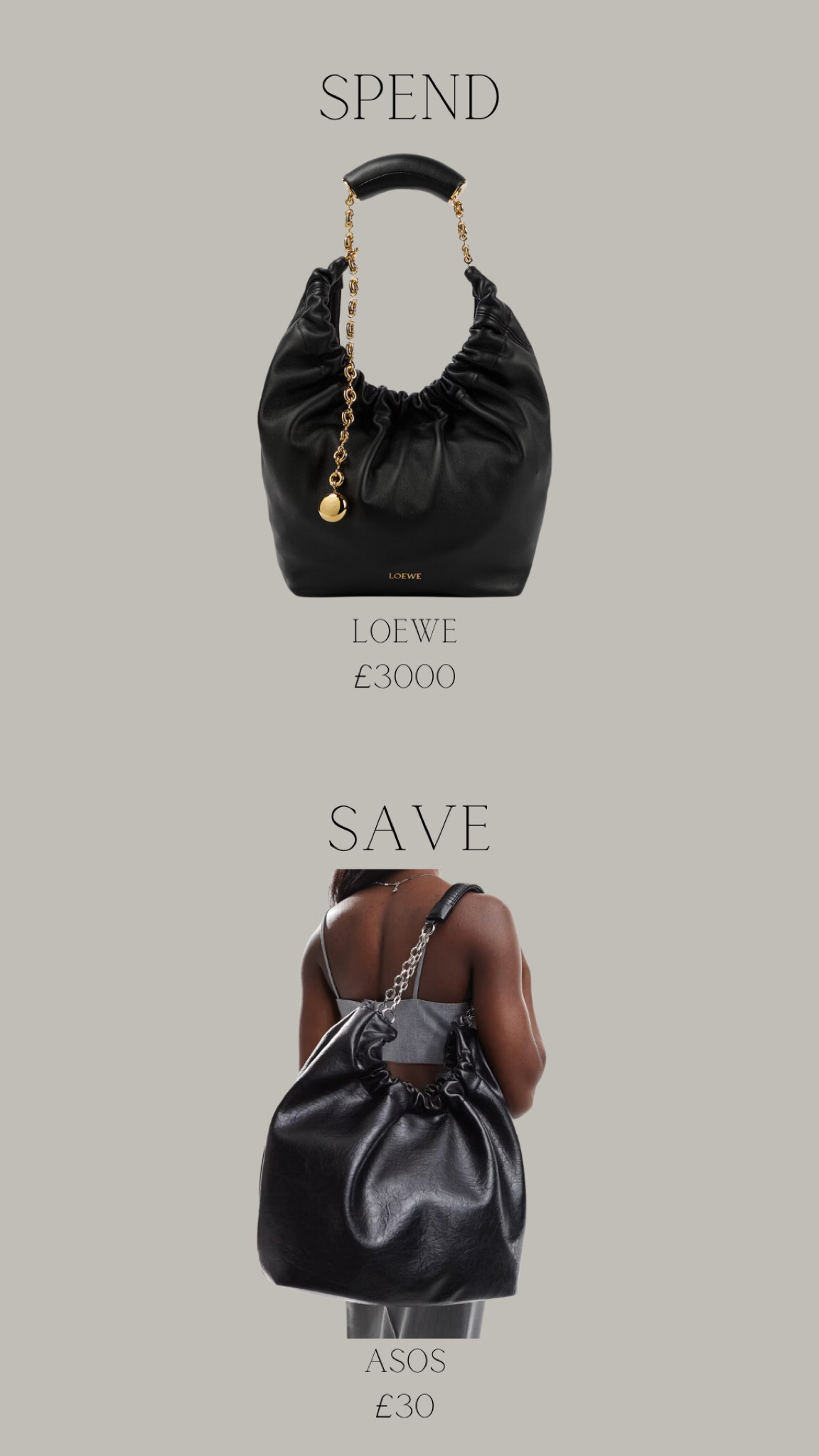 Spend or save! The Loewe black leather squeeze bag or the ASOS dupe! 



#LTKbag #LTKluxury