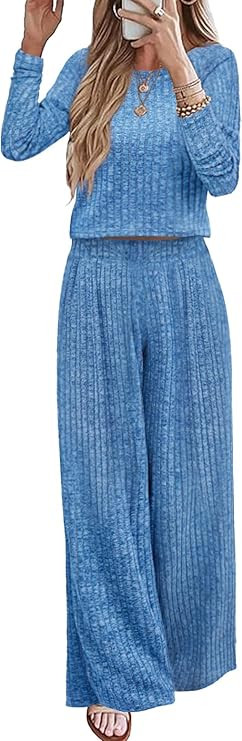 Ybenlow Women's Two Piece Lounge Sets Pajamas Outfits Long Sleeve Ribbed Knit Crop Top Loose Wide... | Amazon (US)