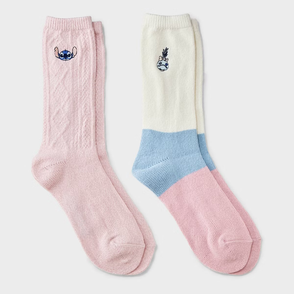 Women's Lilo & Stitch Super Soft Embroidered 2pk Crew Socks - Pink/Ivory/Blue 4-10 | Target