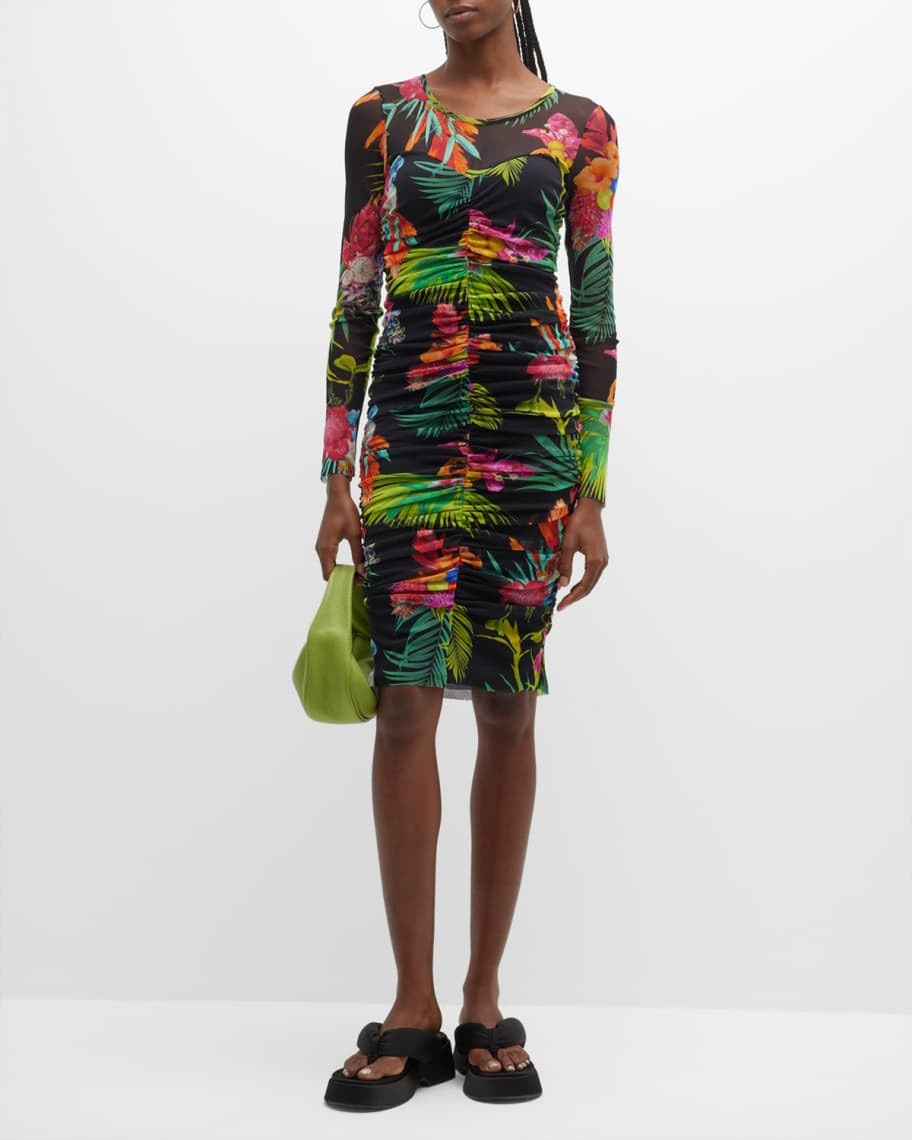 Fuzzi Ruched Floral-Print Tulle Dress | Neiman Marcus