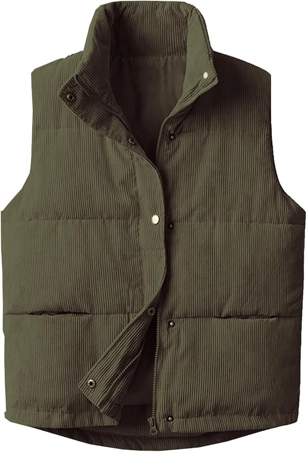 Womens Corduroy Puffer Vest Stand Collar Zip Snap Button Sleeveless Warm Waistcoat Padded Gilet | Amazon (US)