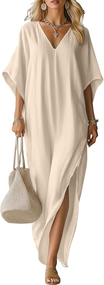 Boho Dresses for Women 2026 Summer V Neck Half Sleeve Maxi Dress Loose Side Slit Beach Vacation K... | Amazon (US)