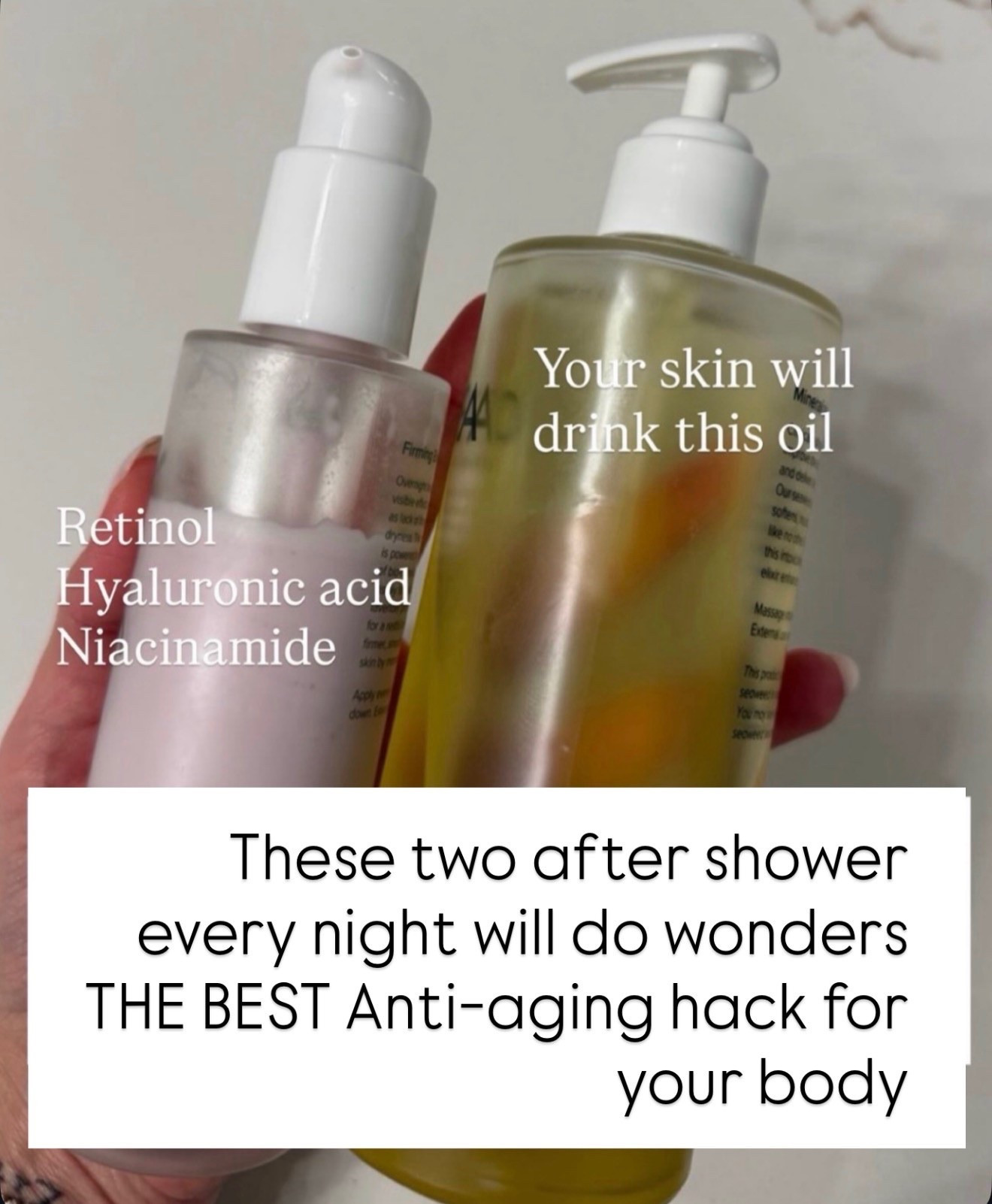 this is my nightly body routine that actually makes a difference. i use a treatment with retinol, hyaluronic acid, and niacinamide first, then layer this oil on top to lock everything in. your skin ends up feeling so smooth, hydrated, and way more glowy by morning. it’s simple but so effective if you stay consistent

body care routine, anti aging body care, retinol body, glowy skin, skincare routine, smooth skin, annabrstyle 

#LTKgrwm #LTKBeauty #LTKselfcare