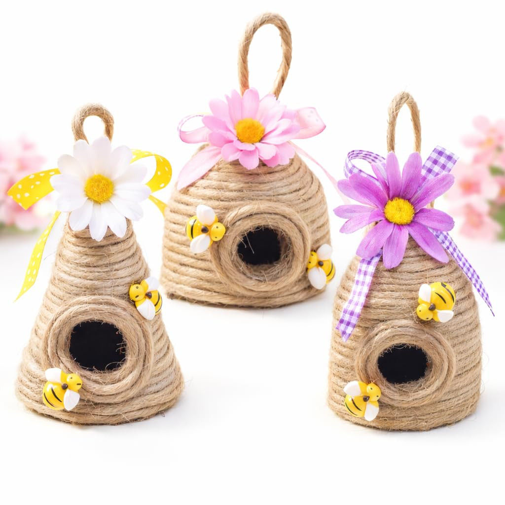 Bee Hive Decor, Honey Pot Style Rustic Bumble Bee House - 3 Pack Natural Beehive for Spring Summe... | Amazon (US)