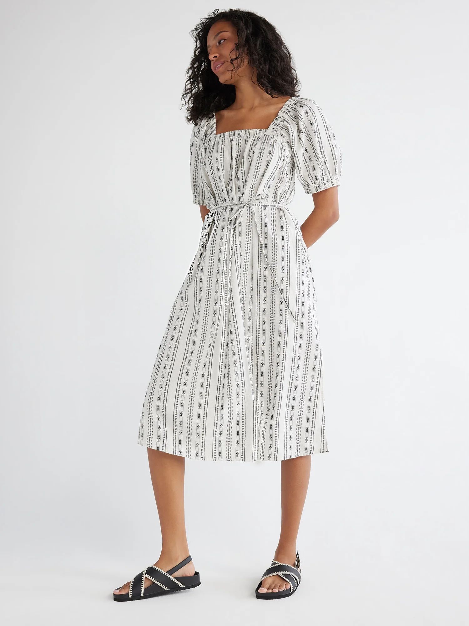 Time and Tru Women's and Women's Plus Square Neck Midi Dress with Belt XS-4X | Walmart (US)