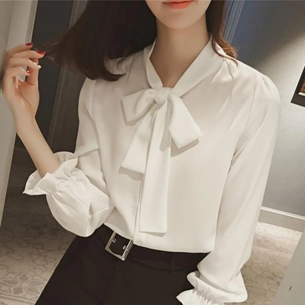 Women Sweet Bow Tie Neck Ruffles Chiffon Shirts Long Sleeve Loose Blouse Ladies Casual Tops Blusa... | Walmart (US)