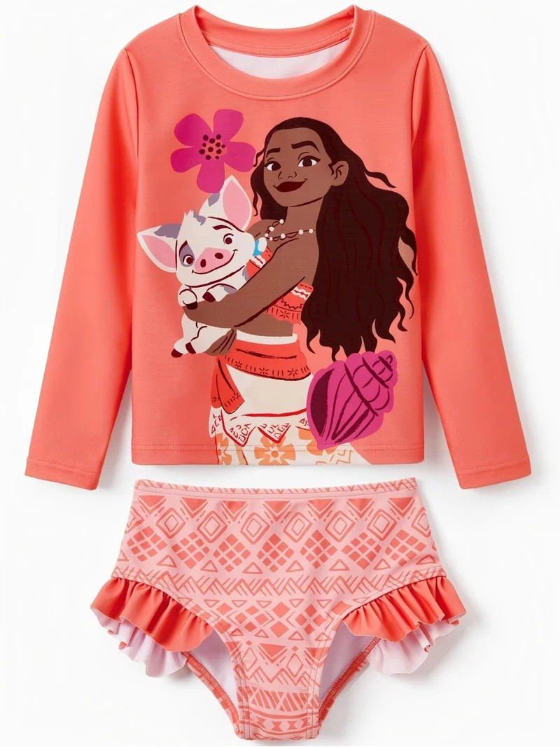 Disney Princess Moana Girls Rash Guard Swimsuit Long Sleeve Top and Ruffle Bikini Bottom Set for ... | Walmart (US)