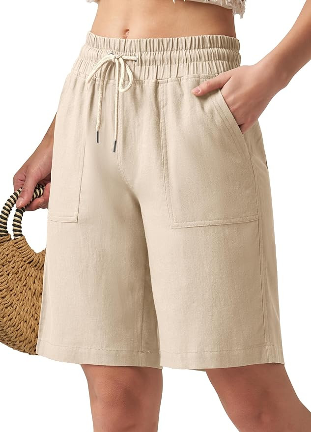 Women's Linen Shorts Casual Bermuda Long Linen Beach Summer Shorts with Pockets High Waisted 10" | Amazon (US)