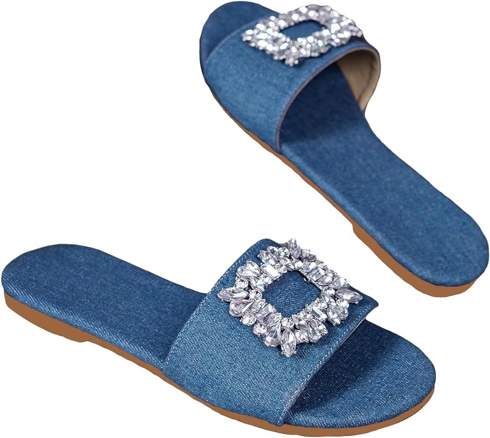 Verdusa Women's Rhinestone Denim Sandals Casual Open Toe Slip On Slides | Amazon (US)