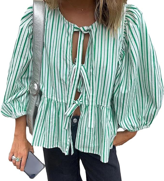 Women Tie Front Puff Sleeve Blouse Peplum Shirt Cute Casual Babydoll Tops Teen Girls Cute Summer ... | Amazon (US)