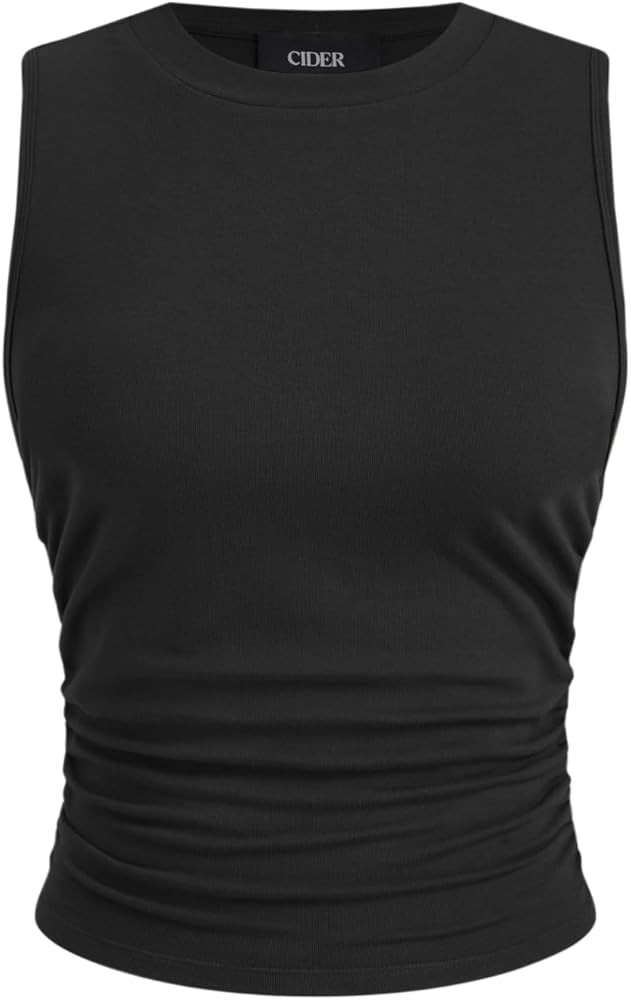 CIDER Womens Tank Tops Sleeveless High Neck Ruched Crop Tops Going Out Casual Basic Ribbed Shirt ... | Amazon (US)