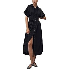 Yeokou Shirt Dress for Women Summer Casual Short Sleeve Button Down Loose Pleated Maxi Sundress w... | Amazon (US)