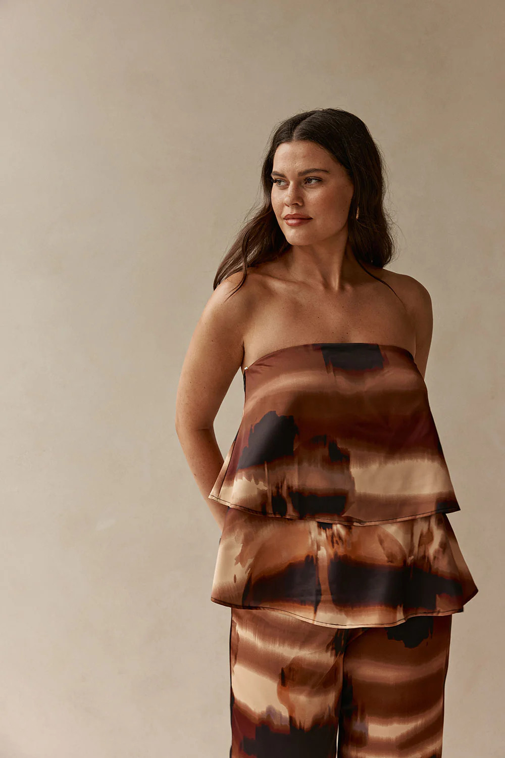 Brown Mirage Bloom Print Satin Strapless Fabi Top | Sabo Skirt AU