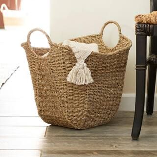 HOUSEHOLD ESSENTIALS Natural Paper Rope Basket with Handles in Natural with Woven Wicker Storage ... | The Home Depot