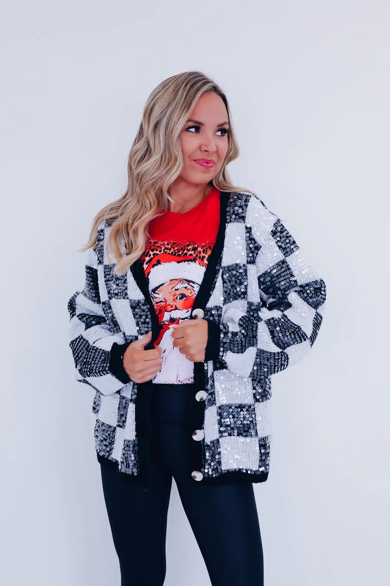 Cheery Checkered N Sequin Cardigan - Black/White | Whiskey Darling Boutique