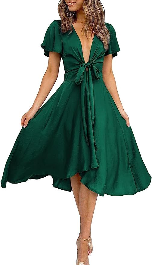 miduo Womens Satin V Neck Ruffle Short Sleeve Tie Front High Waist Midi A-Line Maxi Dresses | Amazon (US)