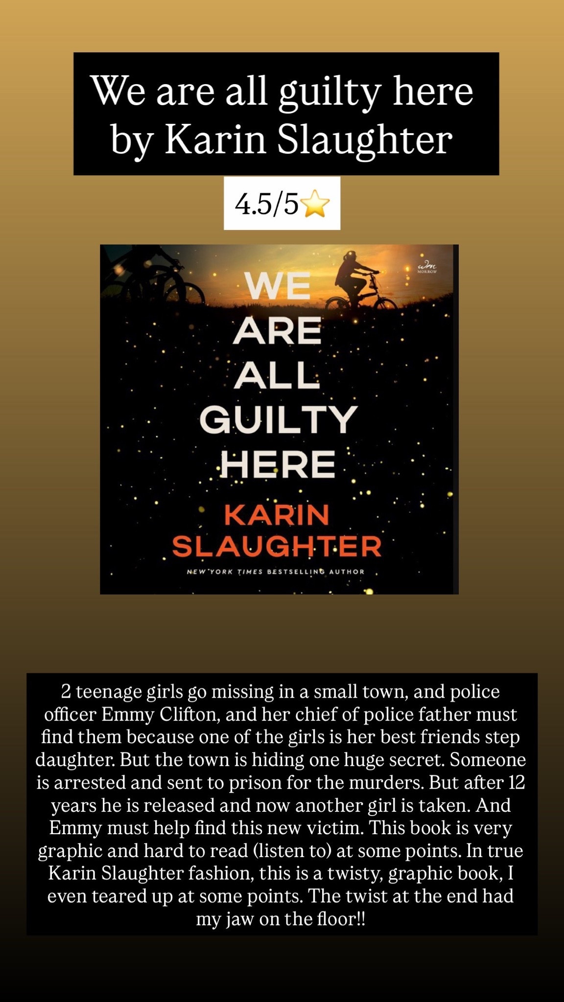 8. We’re All Guilty Here :: 4.5/5⭐️ 2 teenage girls go missing in a small town, and police officer Emmy Clifton, and her chief of police father must find them because one of the girls is her best friends step daughter. But the town is hiding one huge secret. Someone is arrested and sent to prison for the murders. But after 12 years he is released and now another girl is taken. And Emmy must help find this new victim. This book is very graphic and hard to read (listen to) at some points. In true Karin Slaughter fashion, this is a twisty, graphic book, I even teared up at some points. The twist at the end had my jaw on the floor!!

#LTKTravel #LTKstorytime #LTKdayinmylife