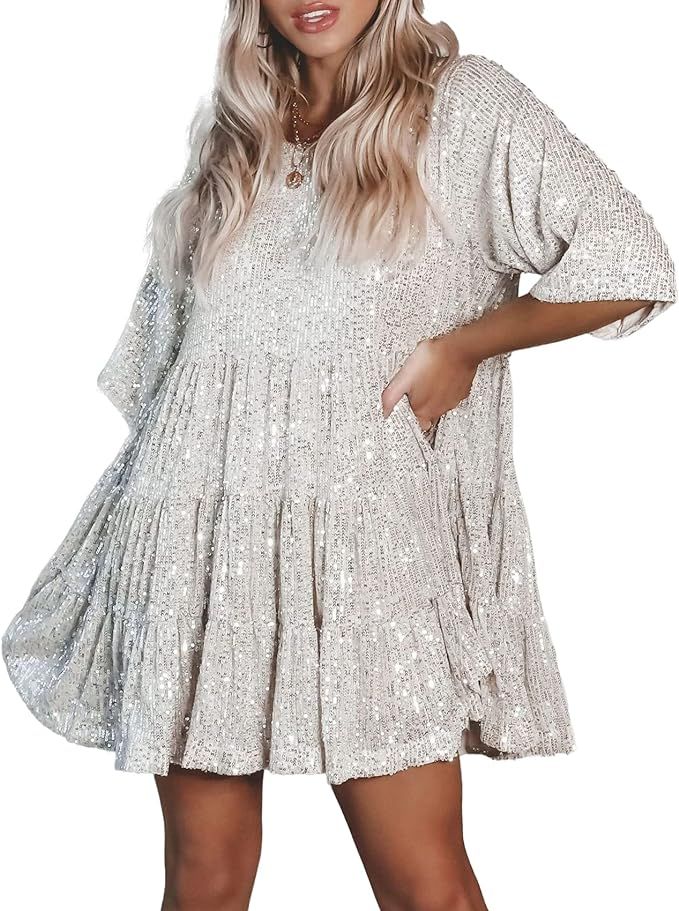 Sparkly Glitter Dress, Sequin Babydoll Summer Dress Short Flowy Tiered Tunic Dress for Women Part... | Amazon (US)