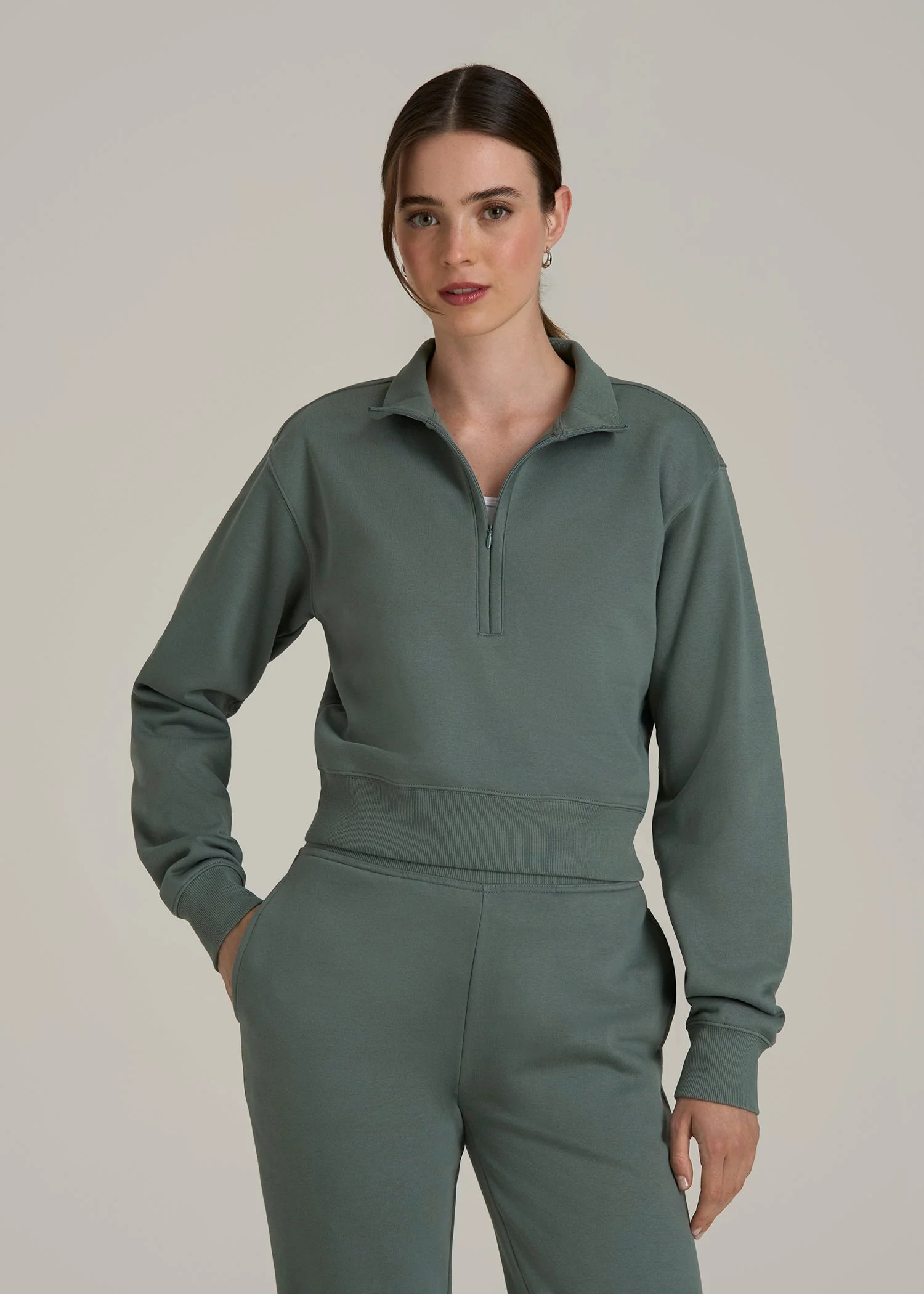 Wearever 2.0 Fleece Half-Zip Cropped Sweatshirt for Tall Women in Balsam Green | American Tall
