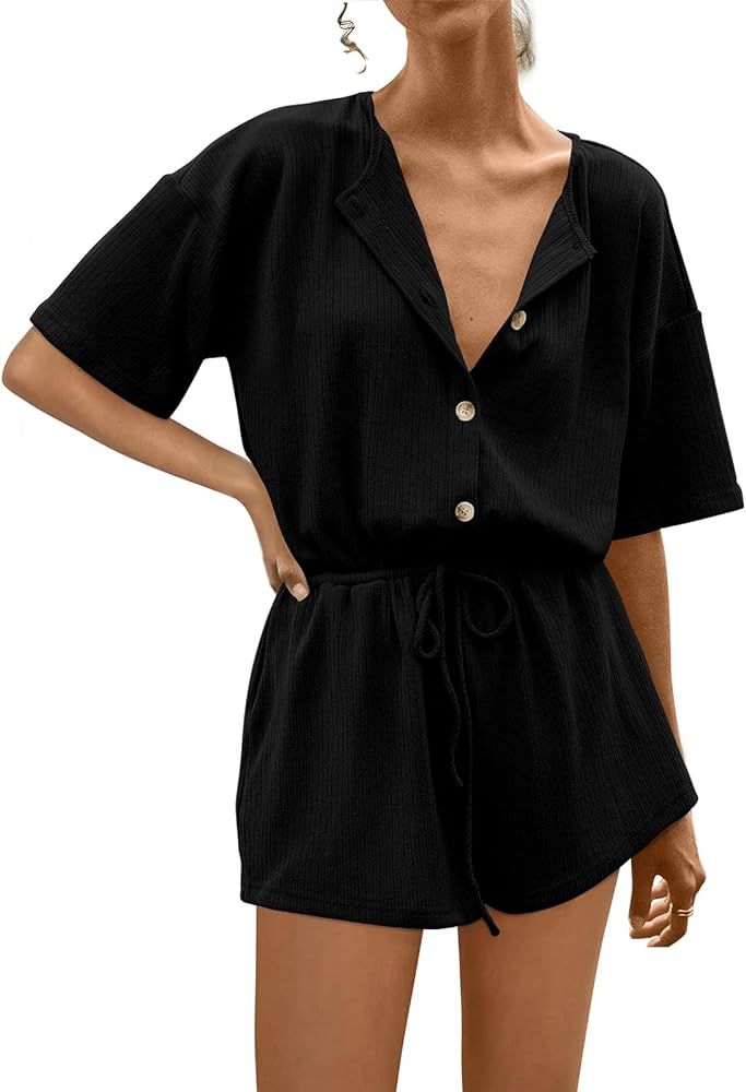 PRETTYGARDEN Button Up Oversized Summer Short Rompers for Women Dressy 2024 Elastic Waist Casual ... | Amazon (US)