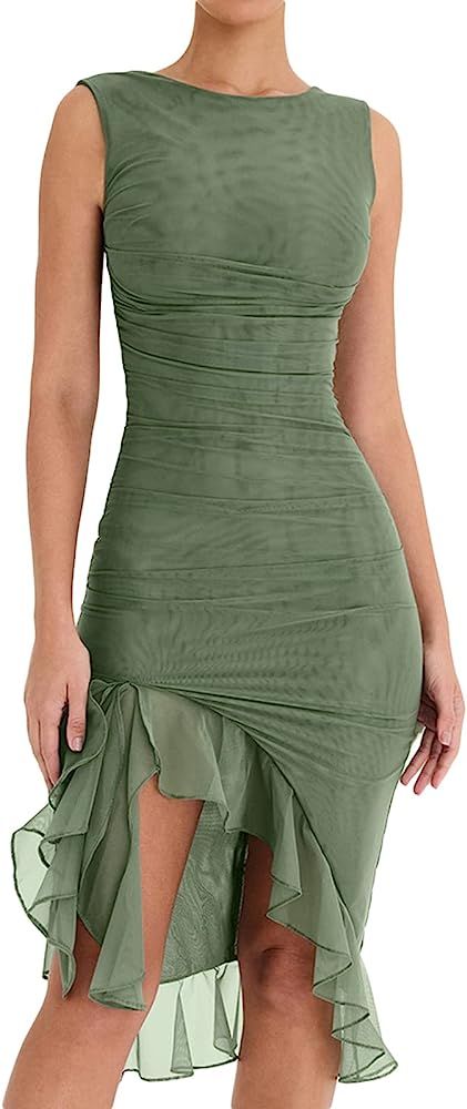 Women's Elegant Bodycon Midi Dress Sleeveless Mesh Frill Hem Mermaid Tail Summer Tank Dress Cockt... | Amazon (US)