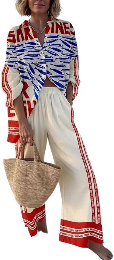 Women's 2-Piece Long Sleeve Shirt & Wide-Leg Pants Set Loose Print Outfit for Beach Vacation & Ca... | Amazon (US)