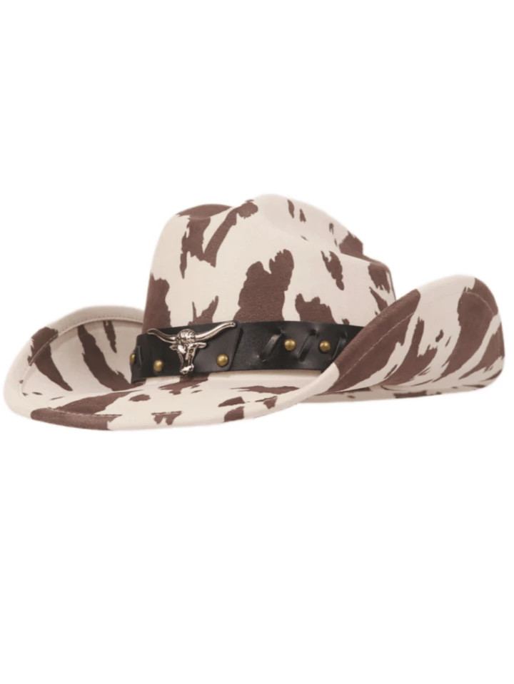 1pc Unisex Outdoor Casual Cow Print Western Cowboy Hat With Metal Bull Head Emblem, PU Leather Belt, Suede Fabric Fedora Hat, Suitable For Outdoor, Hiking, Festivals, Parties | SHEIN