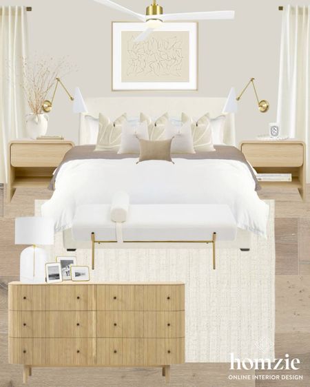 Modern Organic bedroom design with white oak nightstands, dresser, neutral rug, upholstered bed, bed bench, neutral art, and throw pillows. 

#LTKhome #LTKfindsunder100 #LTKsalealert