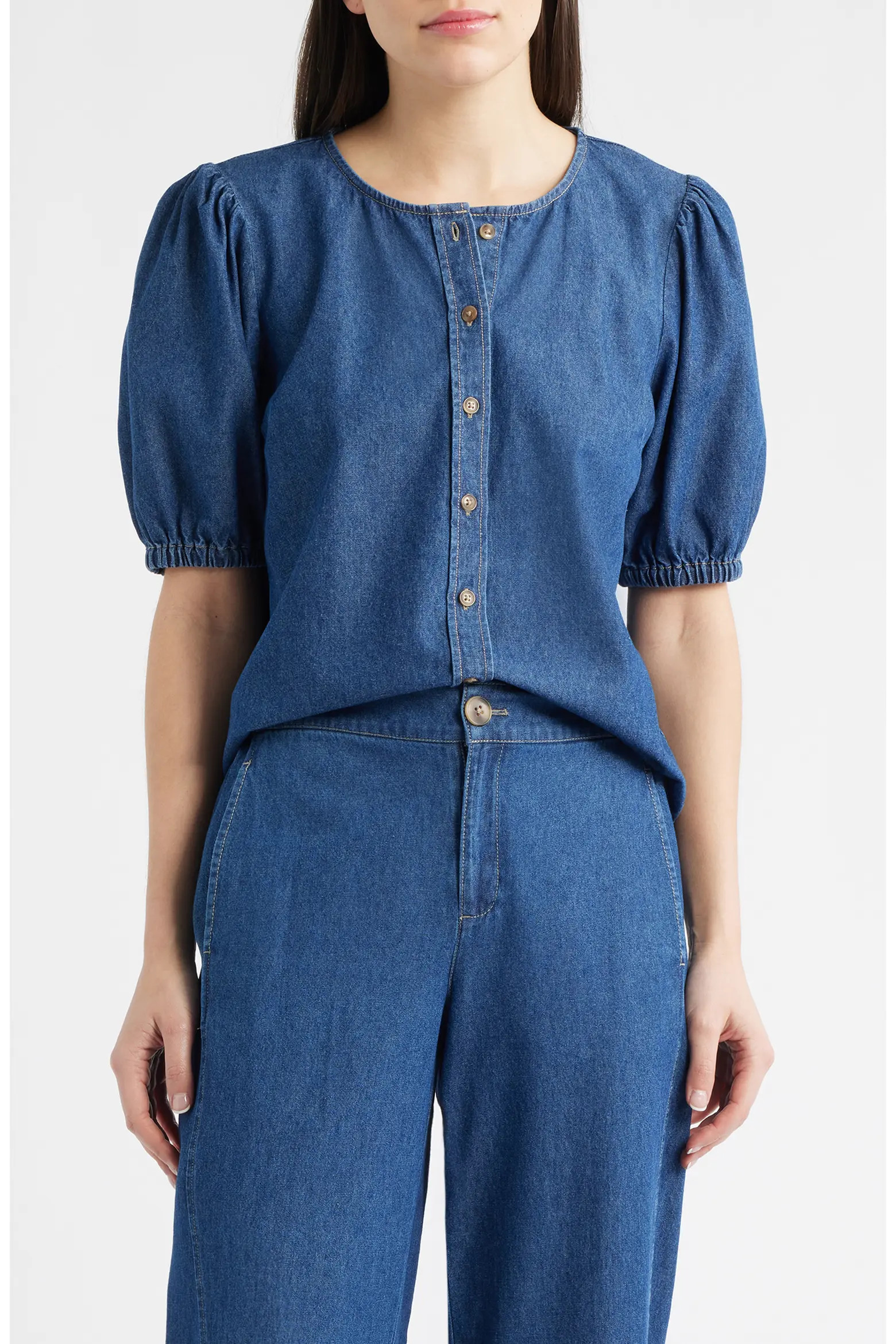 Anne Klein Puff Sleeve Denim Button-Up Shirt (Women) | Nordstromrack | Nordstrom Rack