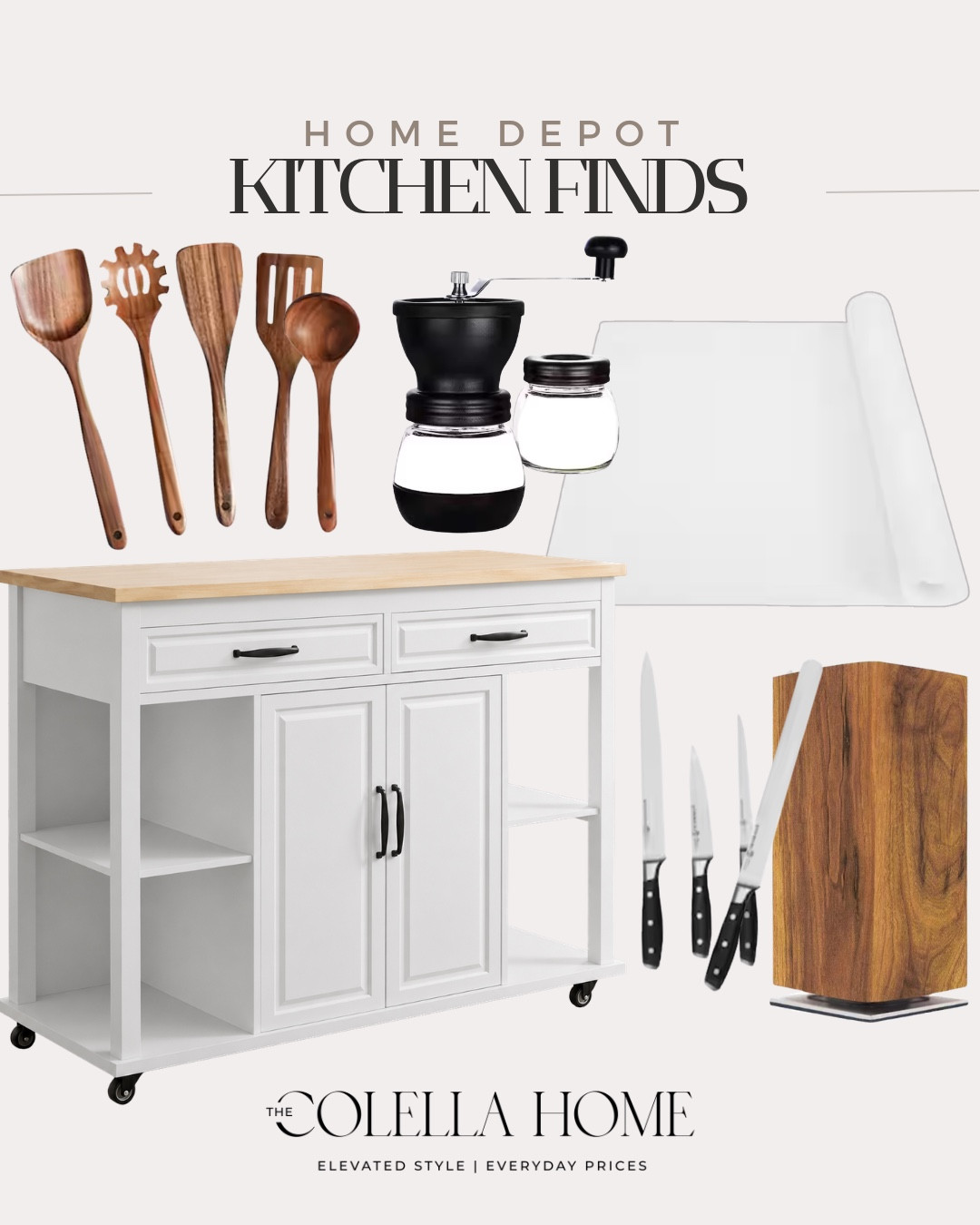 Home Depot kitchen finds include kitchen island, knife block, knife set, coffee grinder, silicone mat, and wooden utensils.

Kitchen finds, kitchen refresh, looks for less, kitchen gadgets

#LTKHome #LTKSaleAlert #LTKSeasonal
