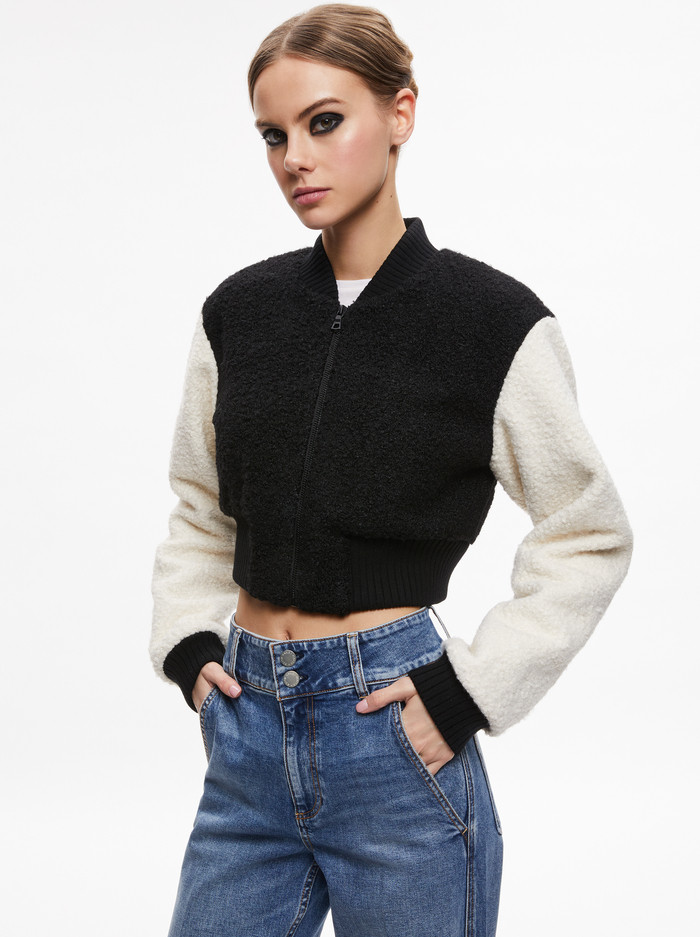 FELISA FUZZY KNIT CROPPED VARSITY JACKET | Alice + Olivia