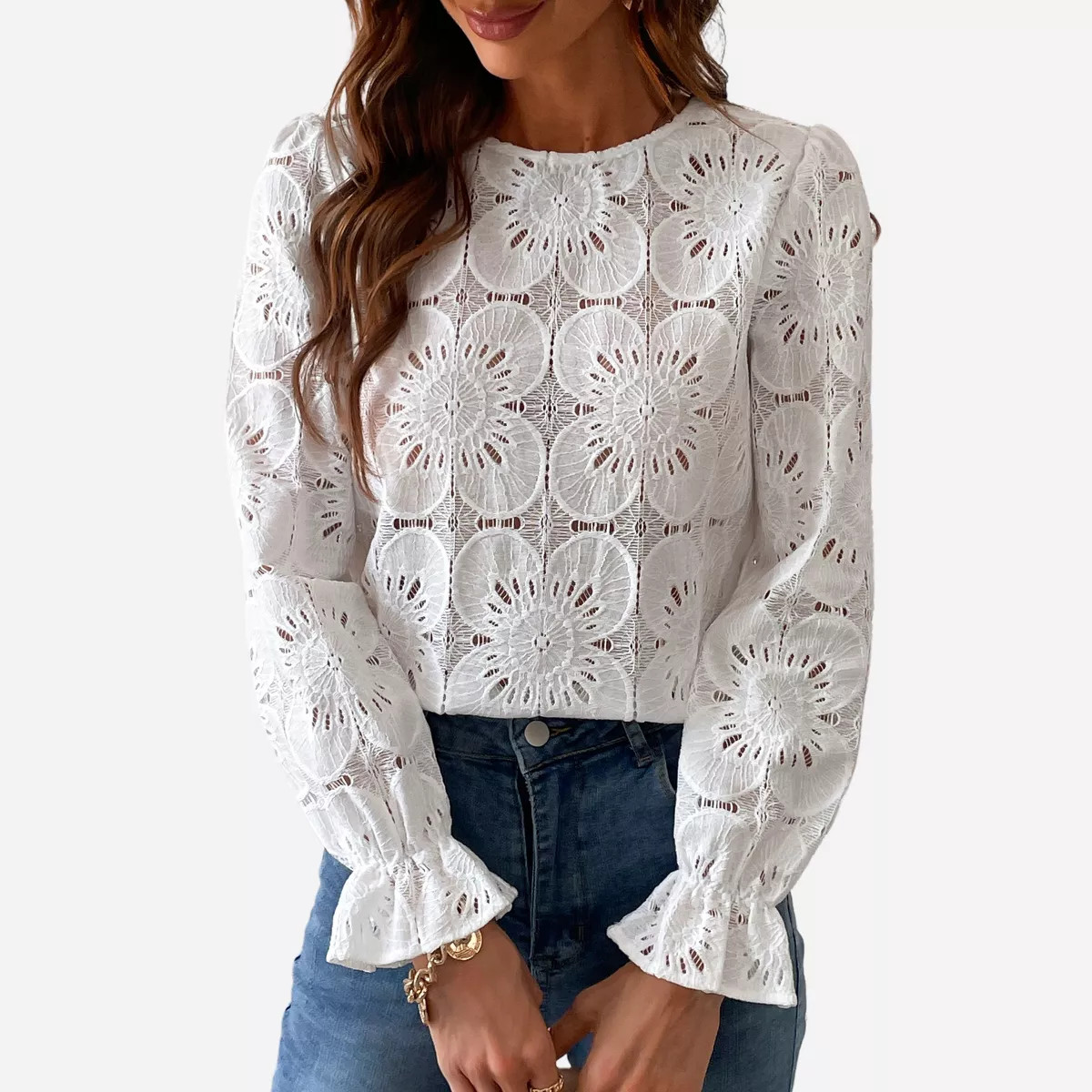 Women's Long Sleeve Embroidered Floral Eyelet Blouse Shirt - Cupshe-M-White | Target