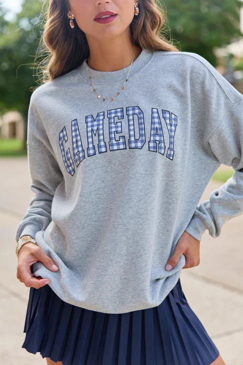 Gameday Navy Gingham Light Grey Graphic Sweatshirt | Pink Lily