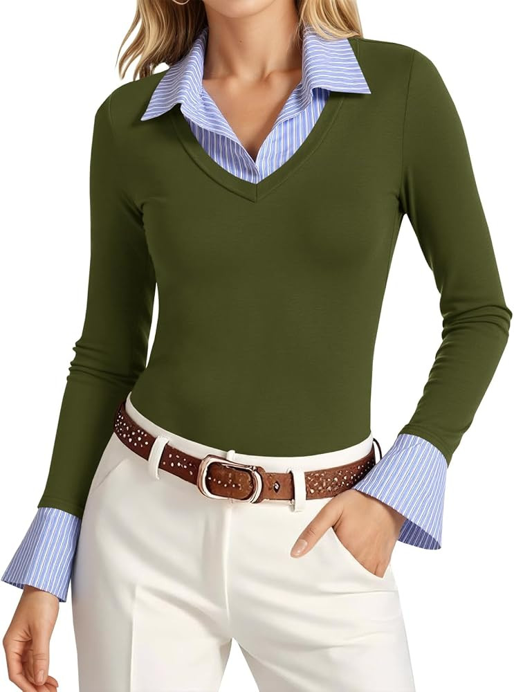 Tankaneo Womens Long Sleeve Polo Shirts Collared V Neck Patchwork Tops | Amazon (US)