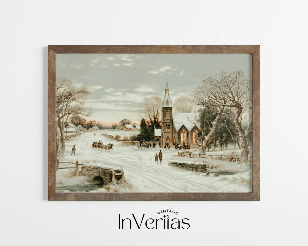 Vintage Christmas Painting Church on Christmas Day Cozy Country Holiday Decor PRINTABLE No. 584 -... | Etsy (US)