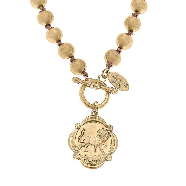 Leo Lion Pendant Ball Bead T-Bar Necklace in Worn Gold | CANVAS