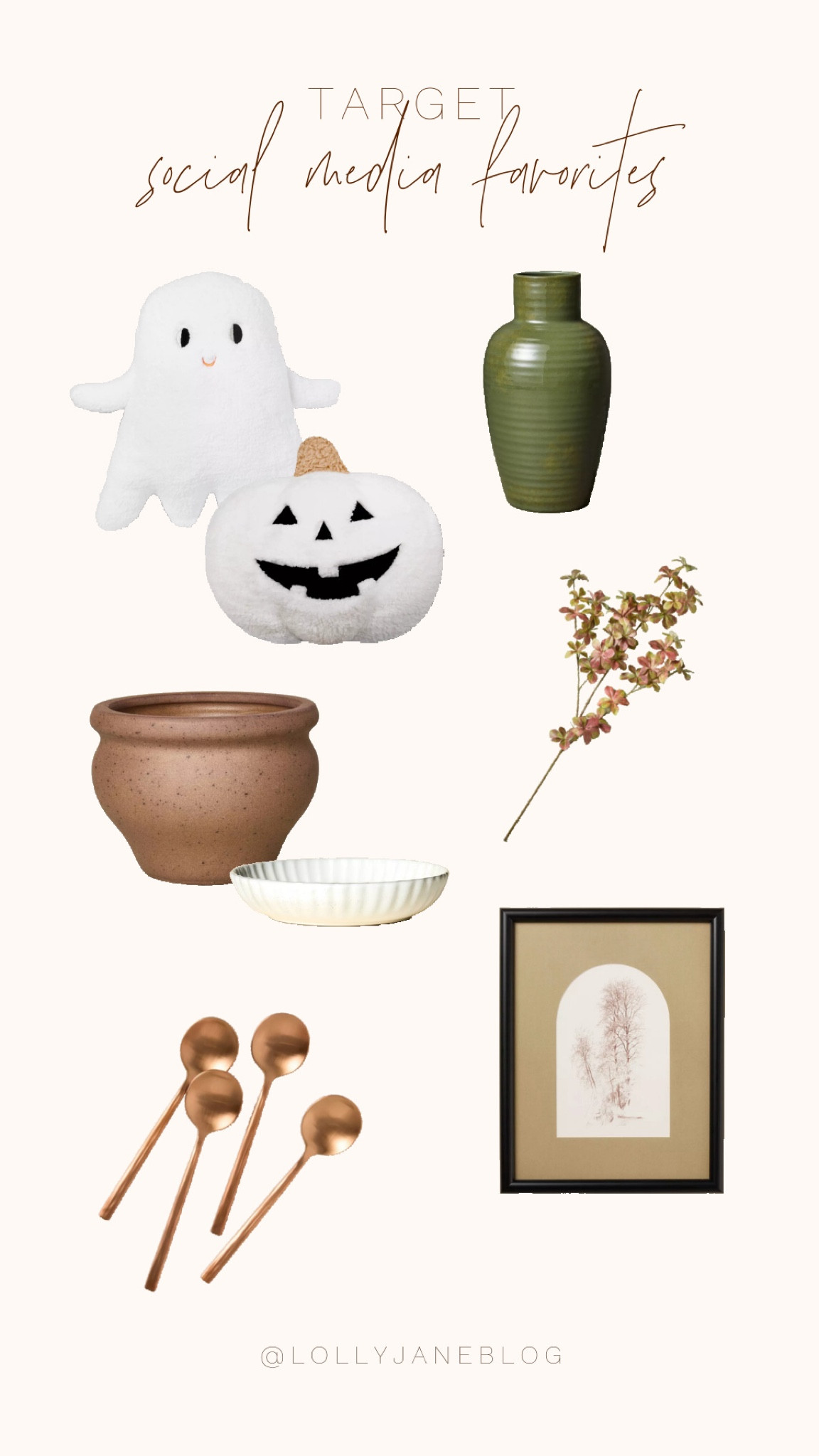 Target social media favorites! 🫶🏻

🎃✨ Ready to elevate your space this fall? Target's Halloween-themed throw pillows are just the start! Pair them with these stunning vases, a gorgeous floral painting, and a bunch of faux flowers for a cozy, seasonal touch. Don’t forget the brass spoons—perfect for adding a hint of elegance to your table settings. These essentials aren’t just cute; they’re the perfect blend of festive and chic! 🍂💫 #HomeDecor #FallVibes #SpookyChic 

#LTKFallSale #LTKSeasonal #LTKStyleTip