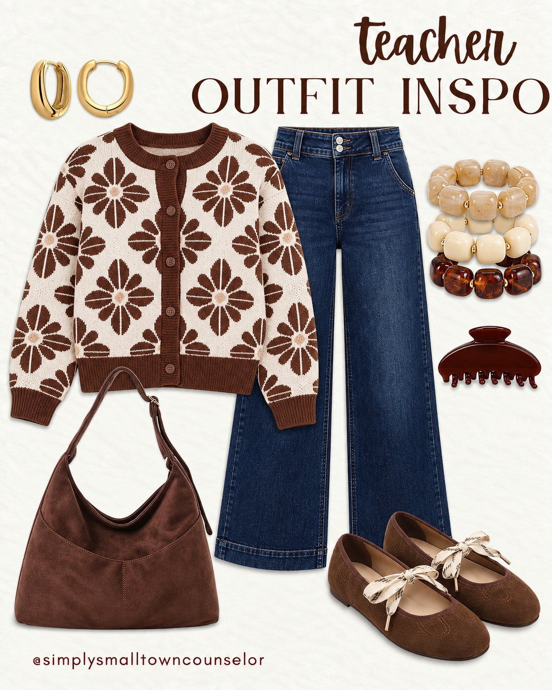 teacher outfit inspo 🤎 Dark brown is trending & this floral cardigan with ribbon flats is such a cute way to wear it! Add wide-leg jeans & a matching bag for a cozy classroom look. 

 #LTKWorkwear