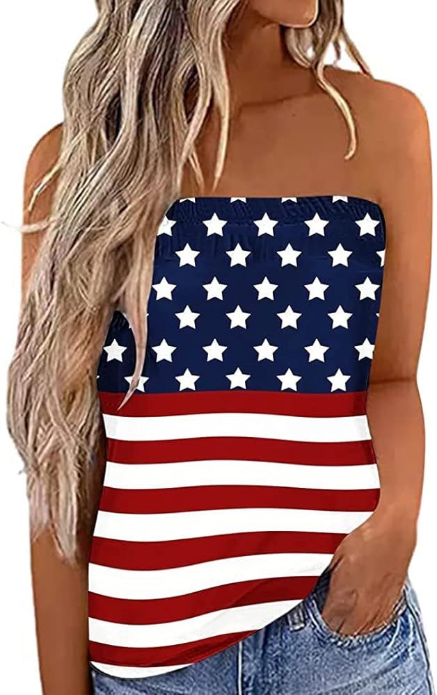 Fronage Womens Tube Tops Strapless Striped Tanks Backless Sexy Casual Bandeau Sleeveless Shirts | Amazon (US)