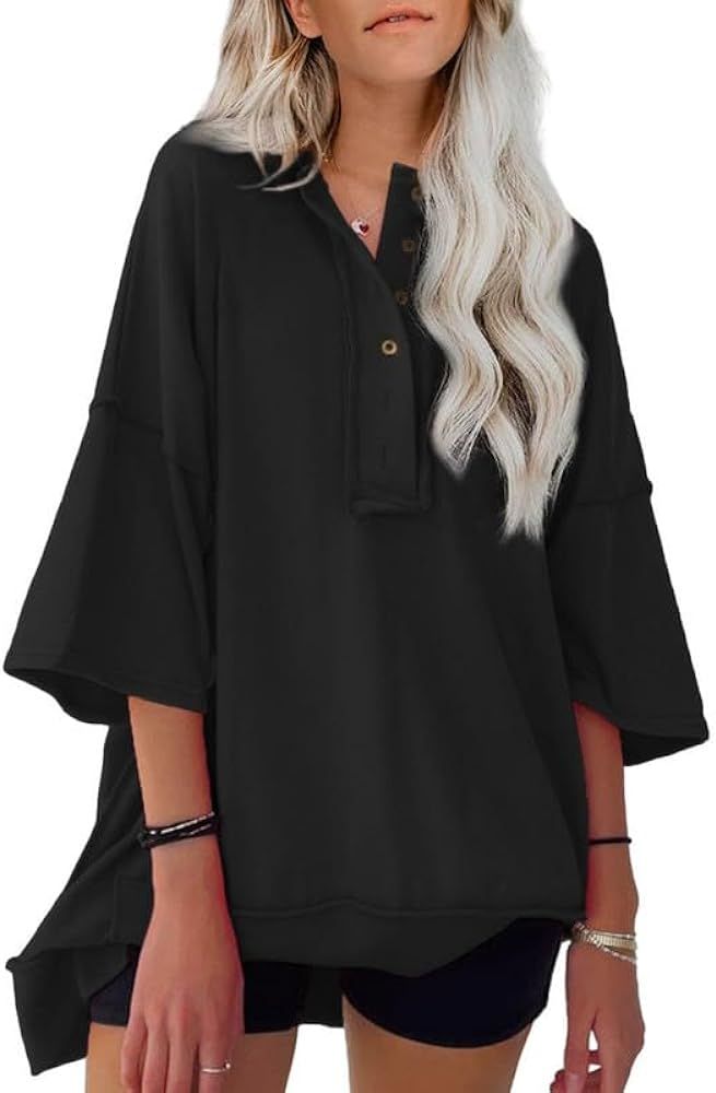 SHEWIN Women's Fashion Oversized T Shirts Casual Short Sleeve Henley Neck Summer Tops Tees | Amazon (US)