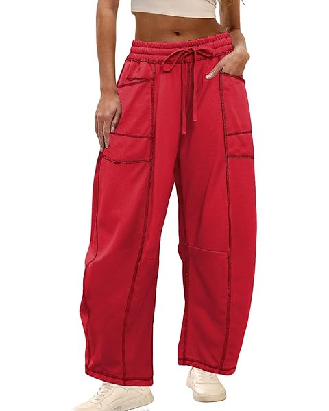 Aoysky Womens Baggy Barrel Wide Leg Pants Casual Drawstring Elastic Waist Contrast Stitch Workout... | Amazon (US)