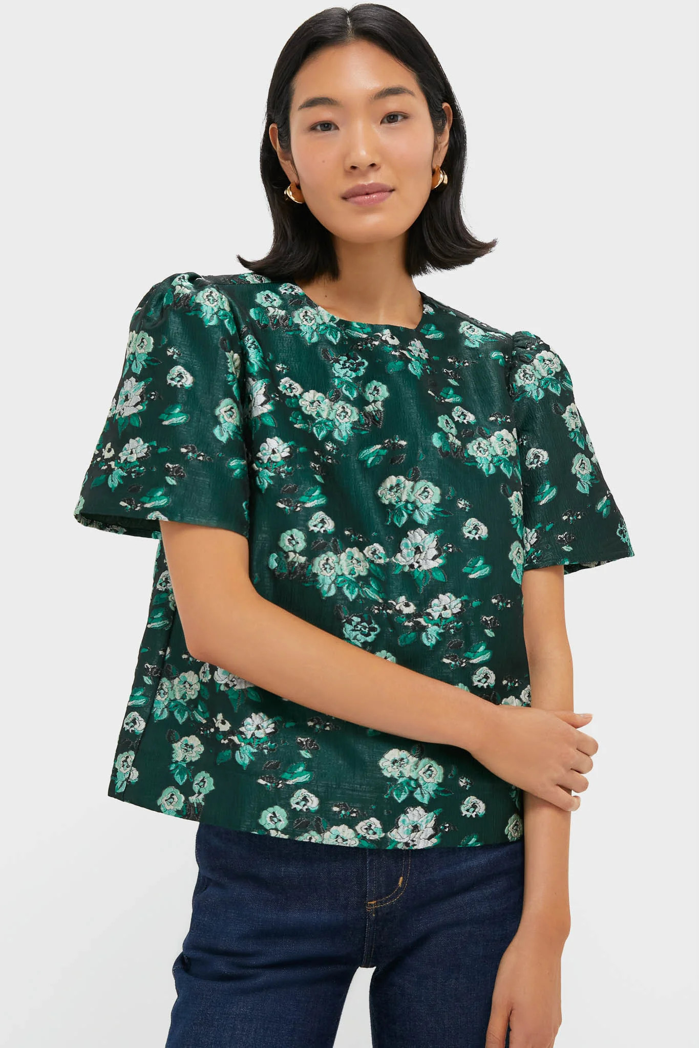 Emerald Magnolia Floral Jacquard Lyla Blouse | Tuckernuck (US)