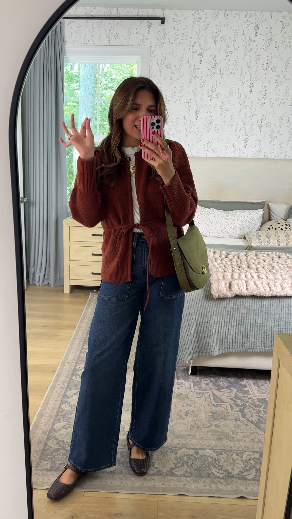 Walmart fall outfit! Small in the rust cardigan, 4 in jeans. Flats are tts!

#LTKOver40 #LTKTall