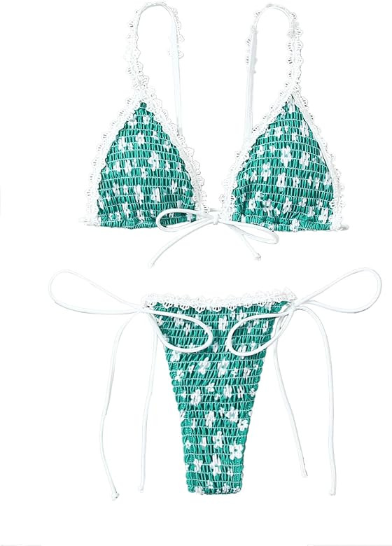 GORGLITTER Women's 2 Piece Swimsuits Floral Smocked Shirred Bikini Sets Tie High Cut Thong Bathin... | Amazon (US)