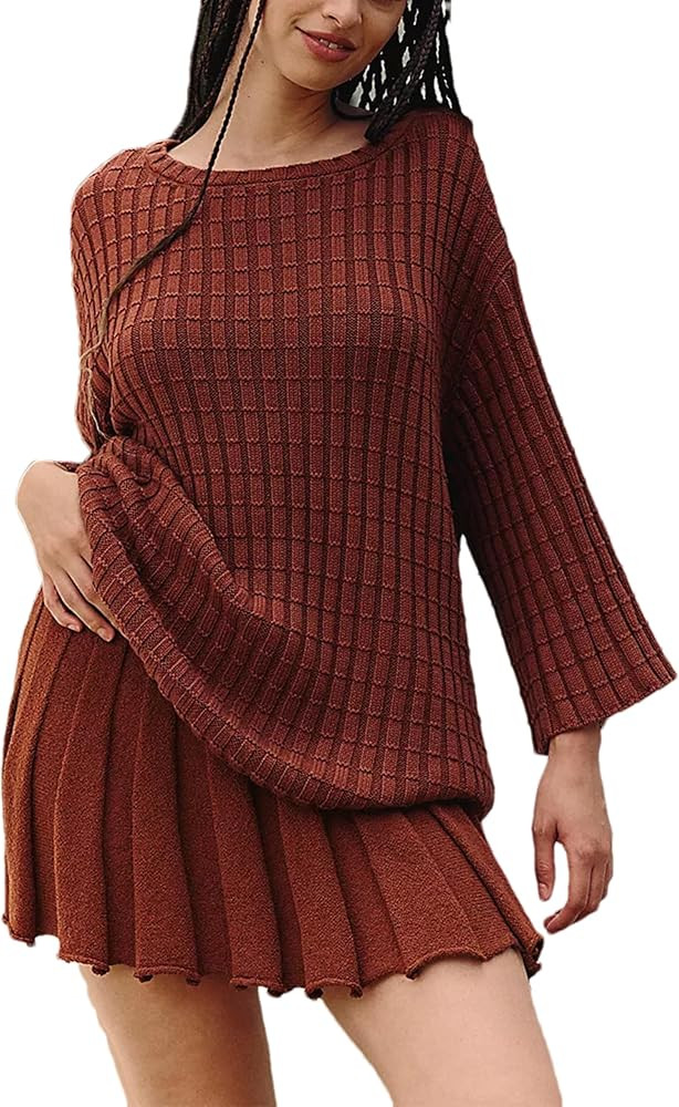 Sweater Set 2 Piece Skirt Sets for Women Two Piece Outfits Casual Loose Knit Pullover Mini Skirt | Amazon (US)