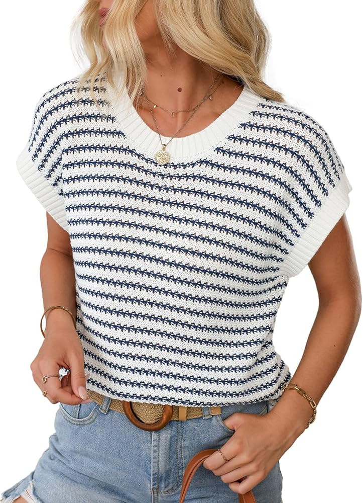 EVALESS Sweater Vest for Women Striped Color Pullover Tank Top Round Neck Cap Sleeve Lightweight ... | Amazon (US)