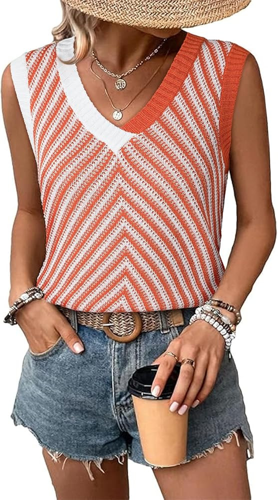 SHEWIN Tank Tops for Women 2025 Casual Sleeveless Shirts Knit Sweater Vest V Neck Summer Tops | Amazon (US)