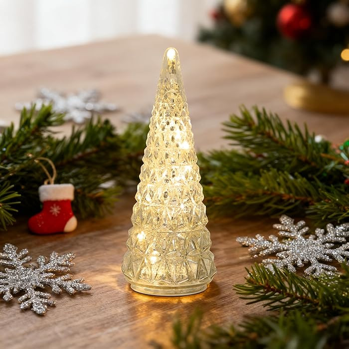 Lighted Glass Christmas Tree Figurine with Timer, Mercury Glass Christmas Decoration Battery Oper... | Amazon (US)